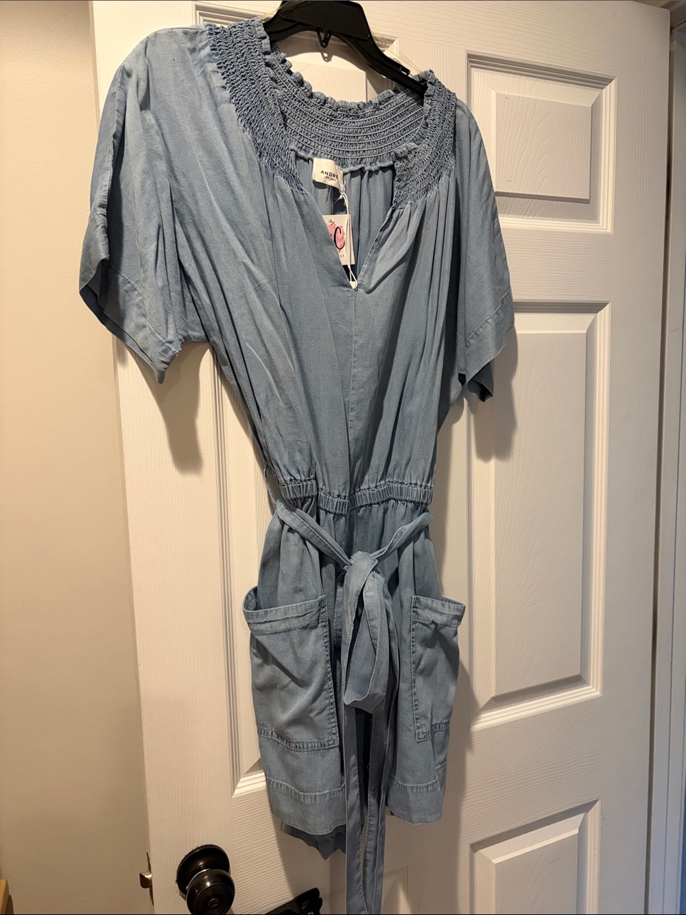 ANDRE Light Blue Short-Sleeve Utility Romper with Tie Waist